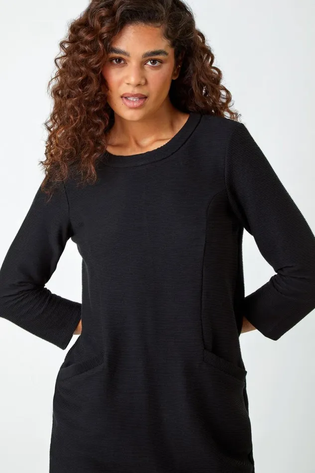 Women Black Ribbed Pocket Detail Shift Stretch Dress Roman Dresses