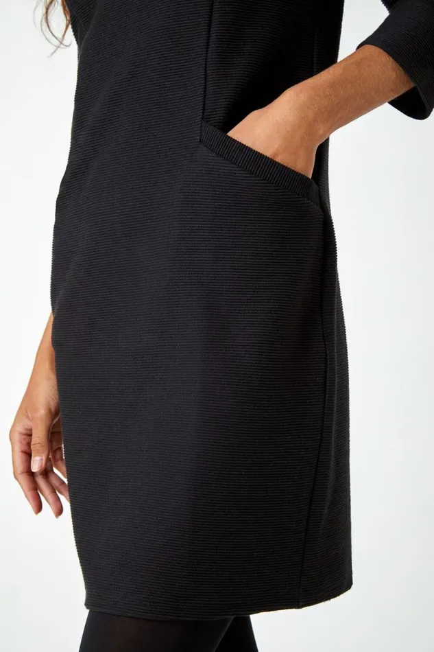 Women Black Ribbed Pocket Detail Shift Stretch Dress Roman Dresses