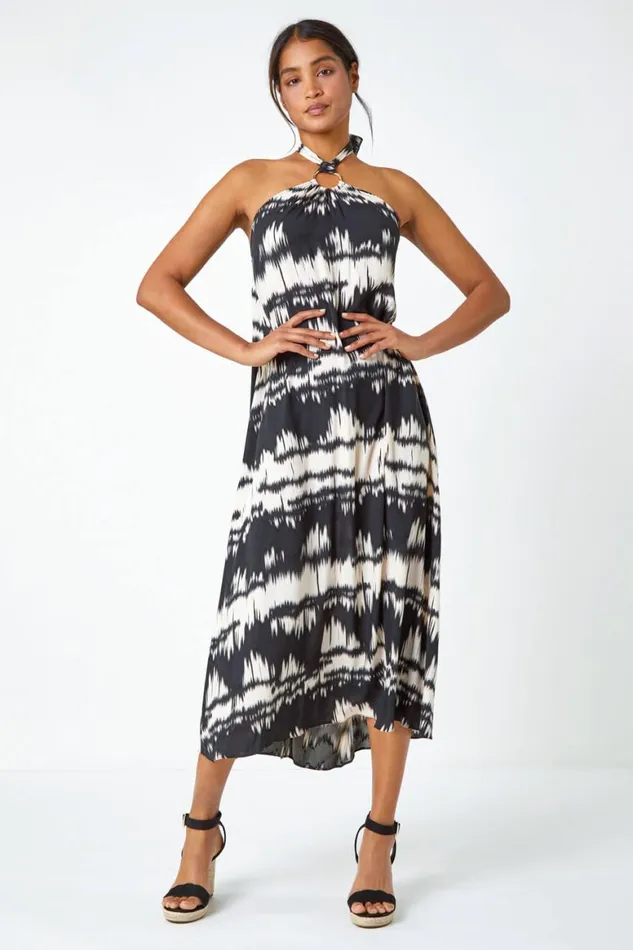 Women Black Ring Detail Halter Neck Dress Roman Dresses