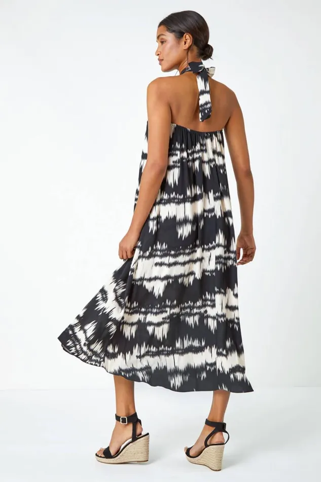 Women Black Ring Detail Halter Neck Dress Roman Dresses