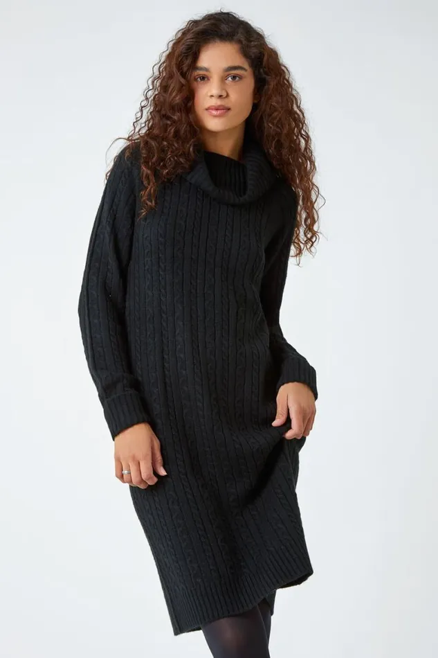 Women Black Roll Neck Knitted Jumper Dress Roman Dresses
