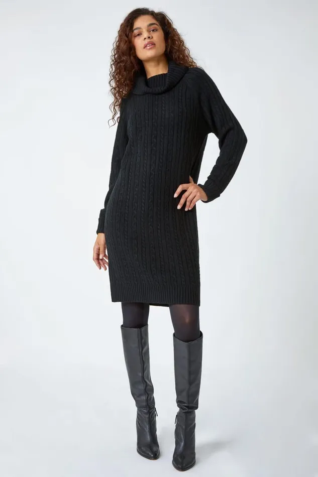 Women Black Roll Neck Knitted Jumper Dress Roman Dresses