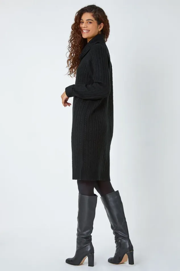 Women Black Roll Neck Knitted Jumper Dress Roman Dresses
