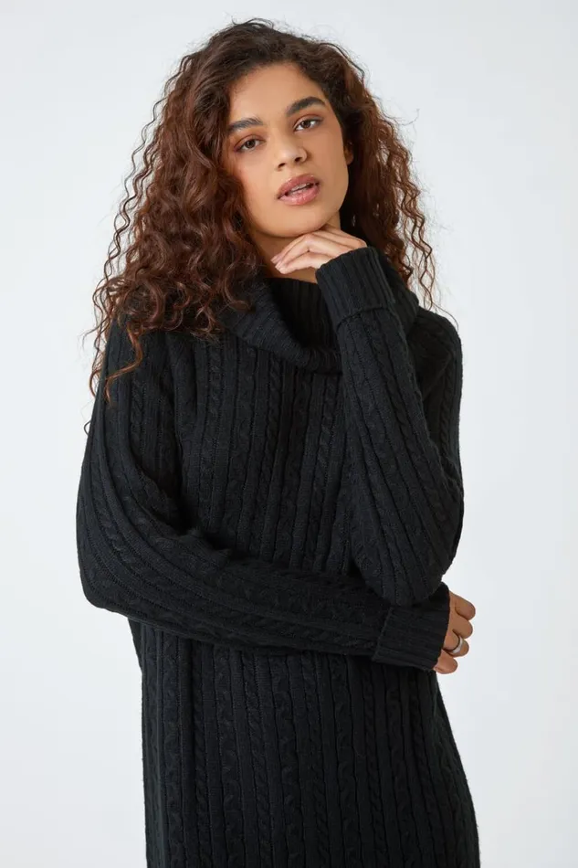 Women Black Roll Neck Knitted Jumper Dress Roman Dresses