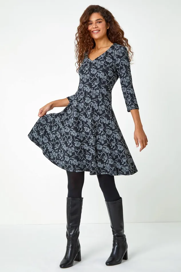 Women Black Rose Print Cotton Blend Stretch Dress Roman Dresses