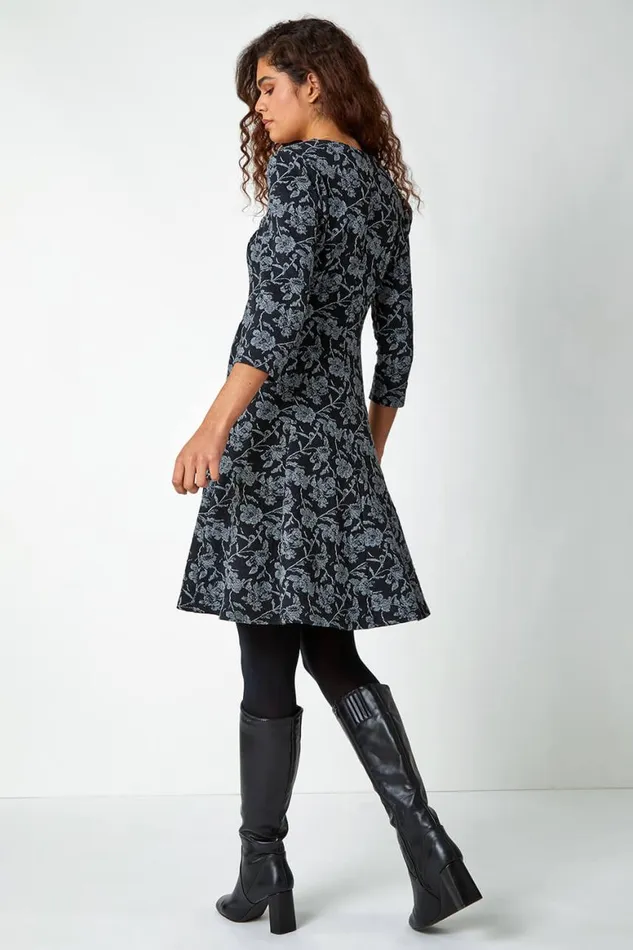 Women Black Rose Print Cotton Blend Stretch Dress Roman Dresses