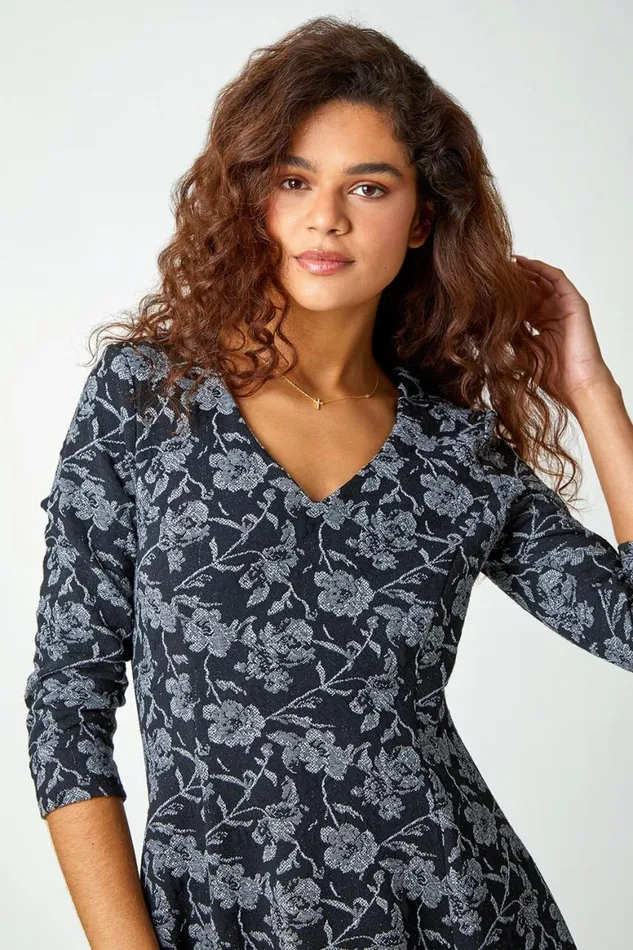 Women Black Rose Print Cotton Blend Stretch Dress Roman Dresses