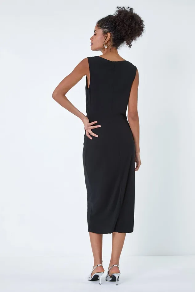 Women Black Ruched Cowl Neck Stretch Midi Dress Roman Dresses