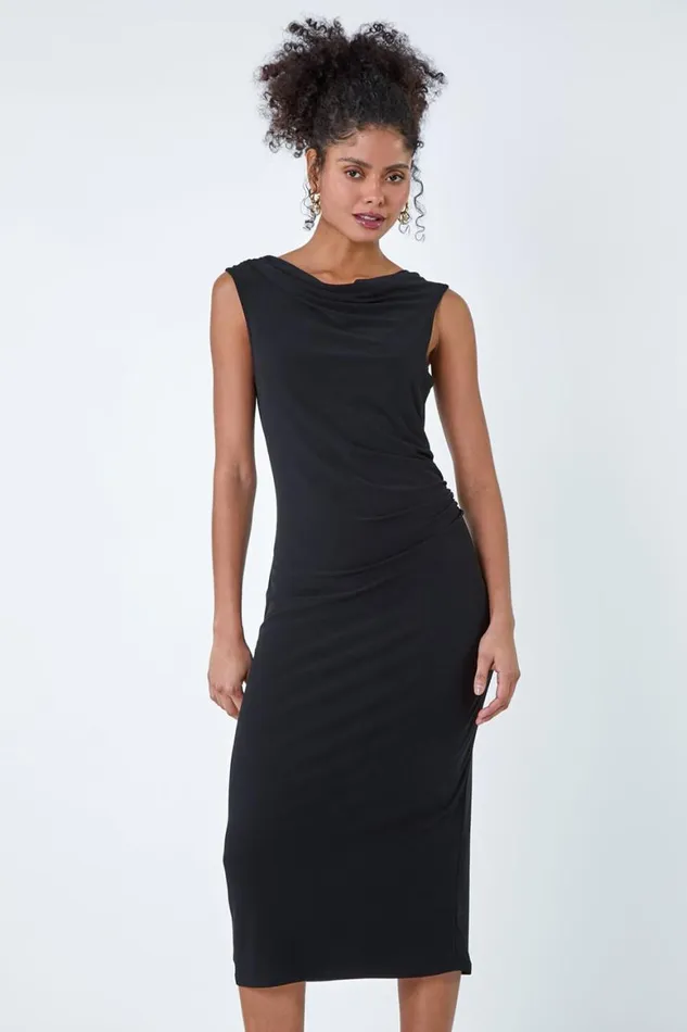 Women Black Ruched Cowl Neck Stretch Midi Dress Roman Dresses