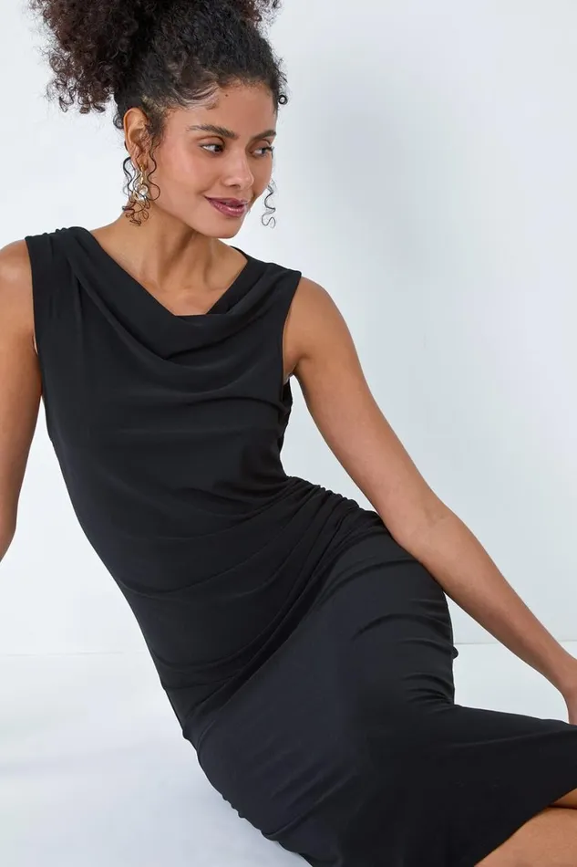 Women Black Ruched Cowl Neck Stretch Midi Dress Roman Dresses
