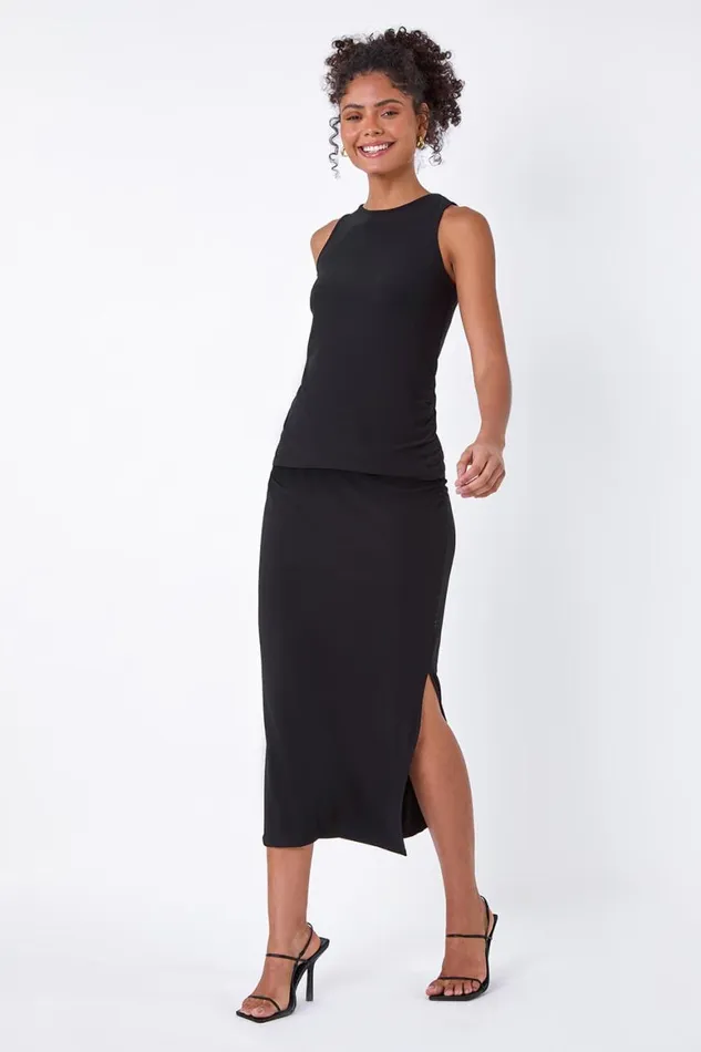 Women Black Ruched Detail Stretch Vest Top Roman Tops