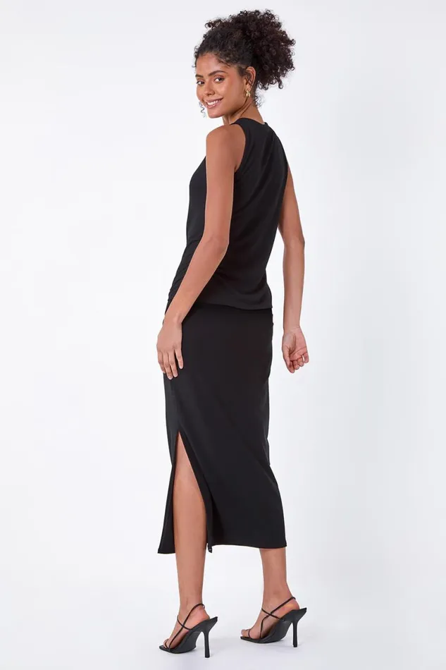 Women Black Ruched Detail Stretch Vest Top Roman Tops