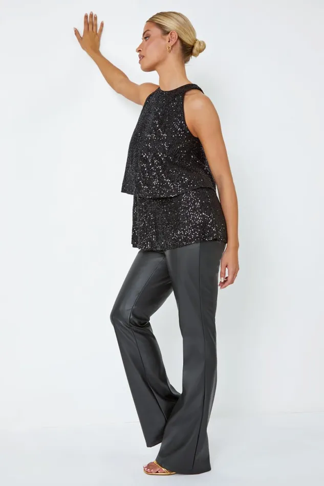 Women Black Sequin Tiered Halterneck Stretch Top Roman Tops