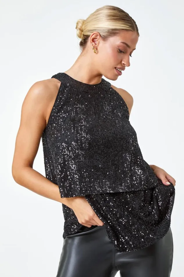 Women Black Sequin Tiered Halterneck Stretch Top Roman Tops