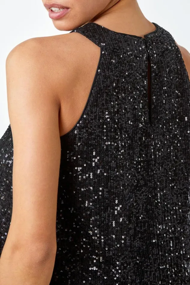 Women Black Sequin Tiered Halterneck Stretch Top Roman Tops