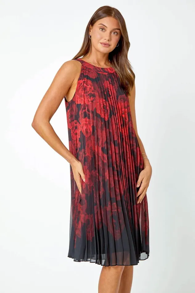 Women Black Sleeveless Floral Pleated Chiffon Swing Dress Roman Dresses
