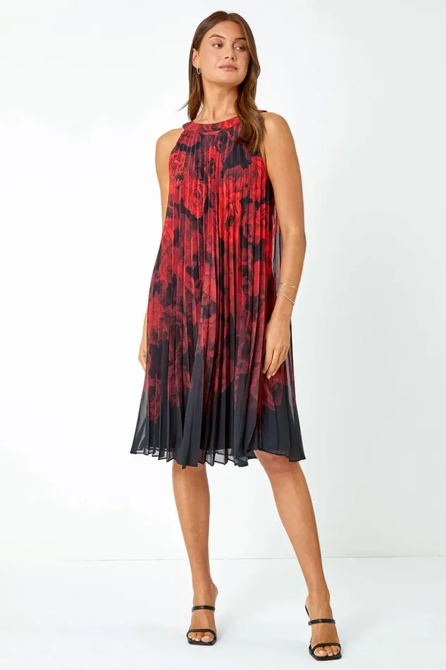Women Black Sleeveless Floral Pleated Chiffon Swing Dress Roman Dresses