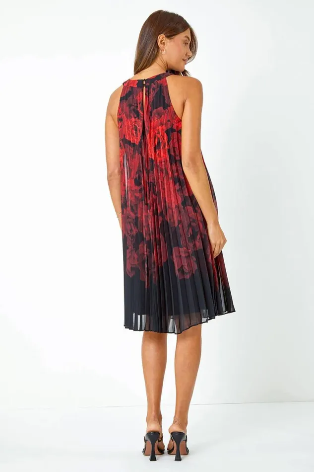 Women Black Sleeveless Floral Pleated Chiffon Swing Dress Roman Dresses