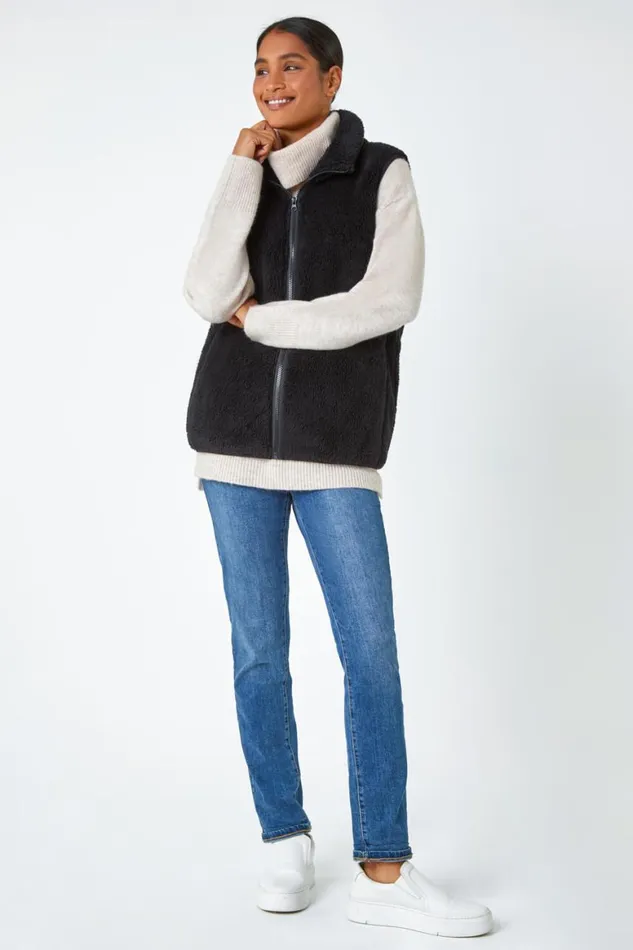 Women Black Soft Sherpa Fleece Gilet Roman Jackets