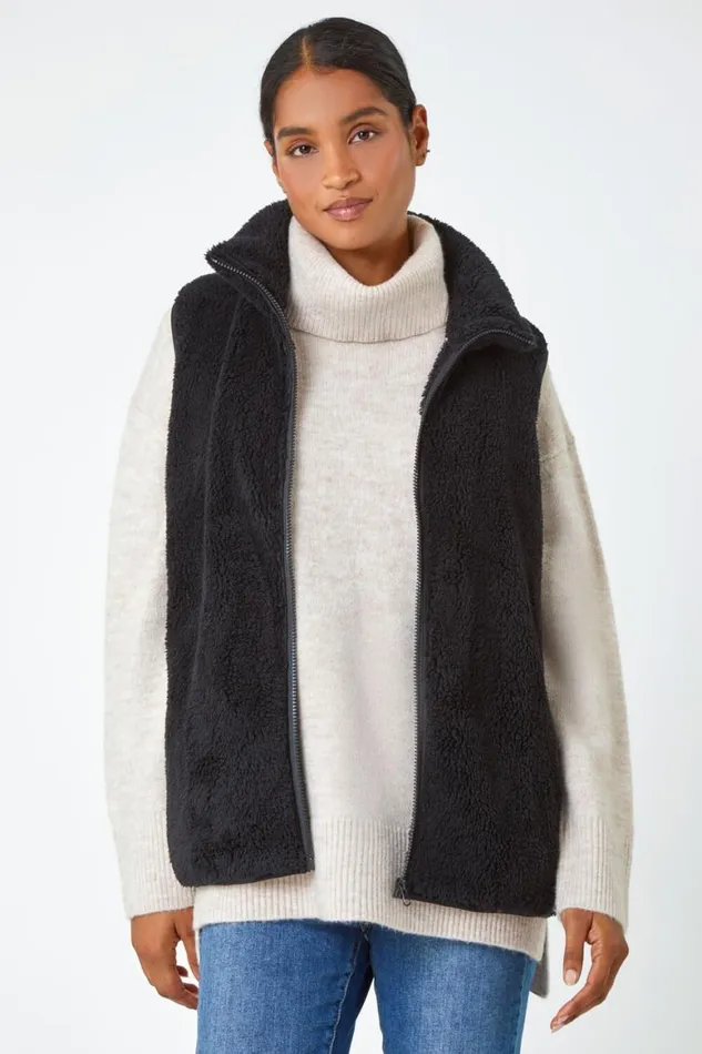 Women Black Soft Sherpa Fleece Gilet Roman Jackets