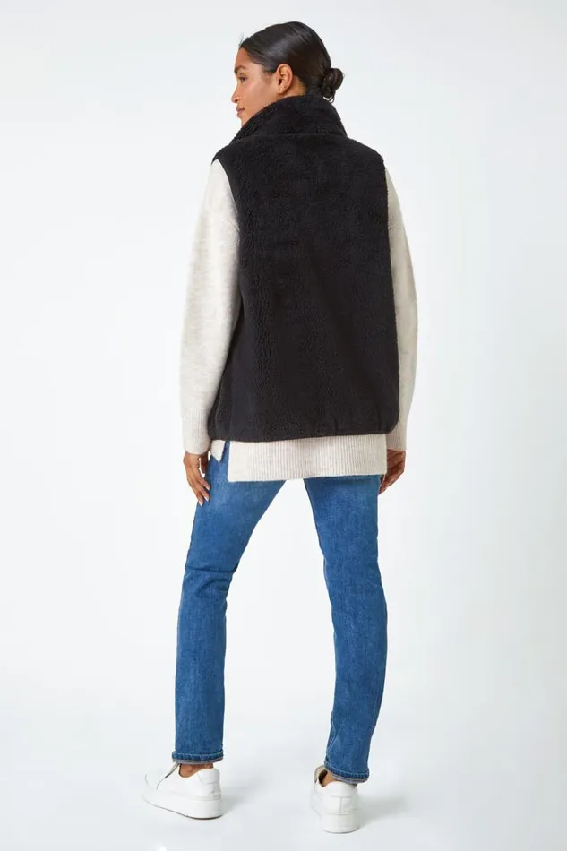 Women Black Soft Sherpa Fleece Gilet Roman Jackets