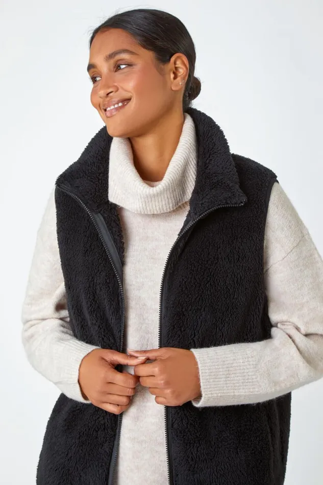 Women Black Soft Sherpa Fleece Gilet Roman Jackets