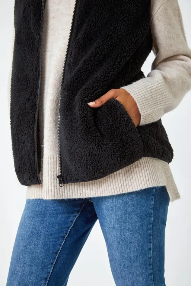 Women Black Soft Sherpa Fleece Gilet Roman Jackets