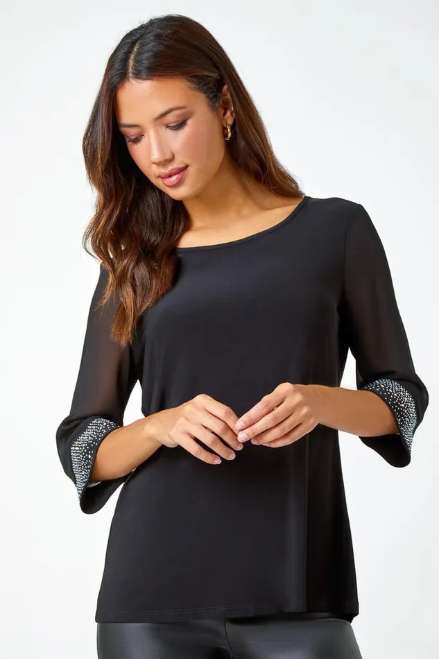 Women Black Sparkle Embellished Cuff Chiffon Top Roman Tops