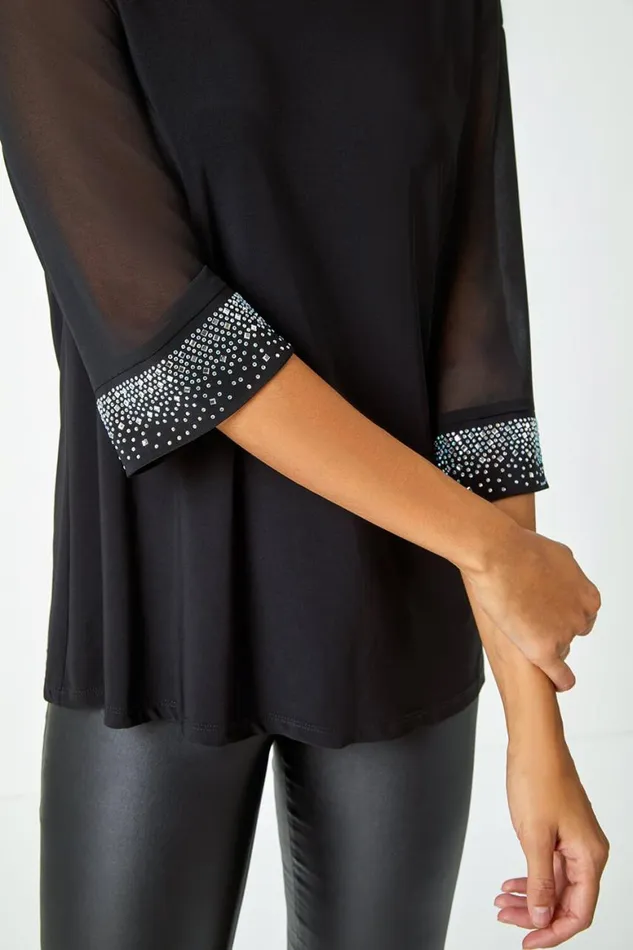 Women Black Sparkle Embellished Cuff Chiffon Top Roman Tops