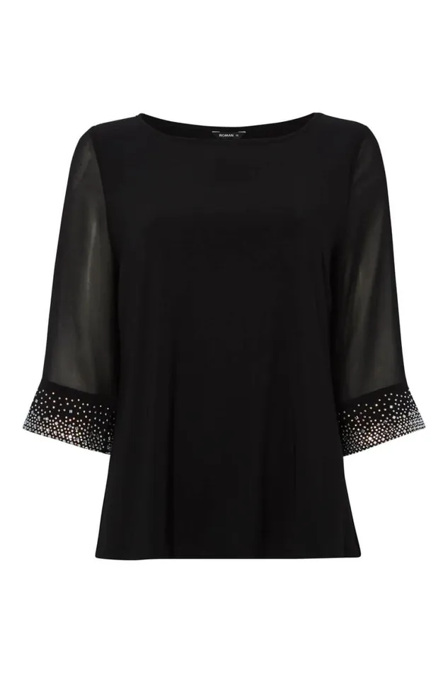 Women Black Sparkle Embellished Cuff Chiffon Top Roman Tops