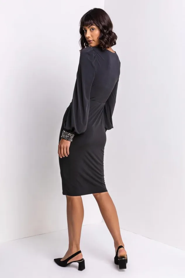 Women Black Sparkle Embellished Ruched Dress Roman Dresses