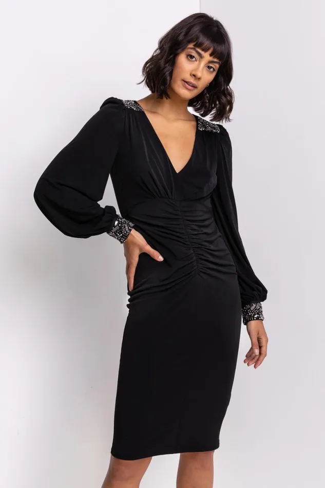 Women Black Sparkle Embellished Ruched Dress Roman Dresses
