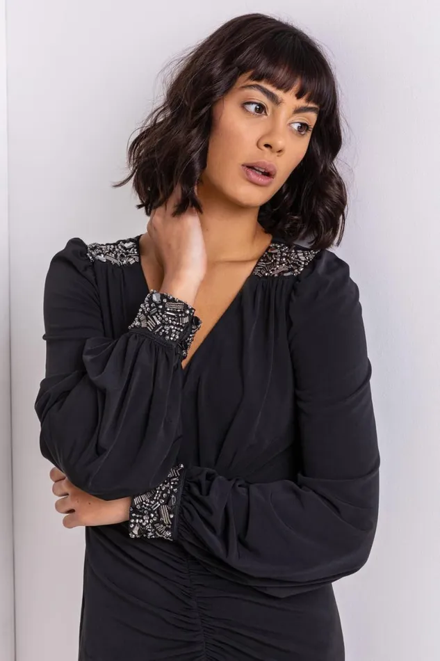 Women Black Sparkle Embellished Ruched Dress Roman Dresses