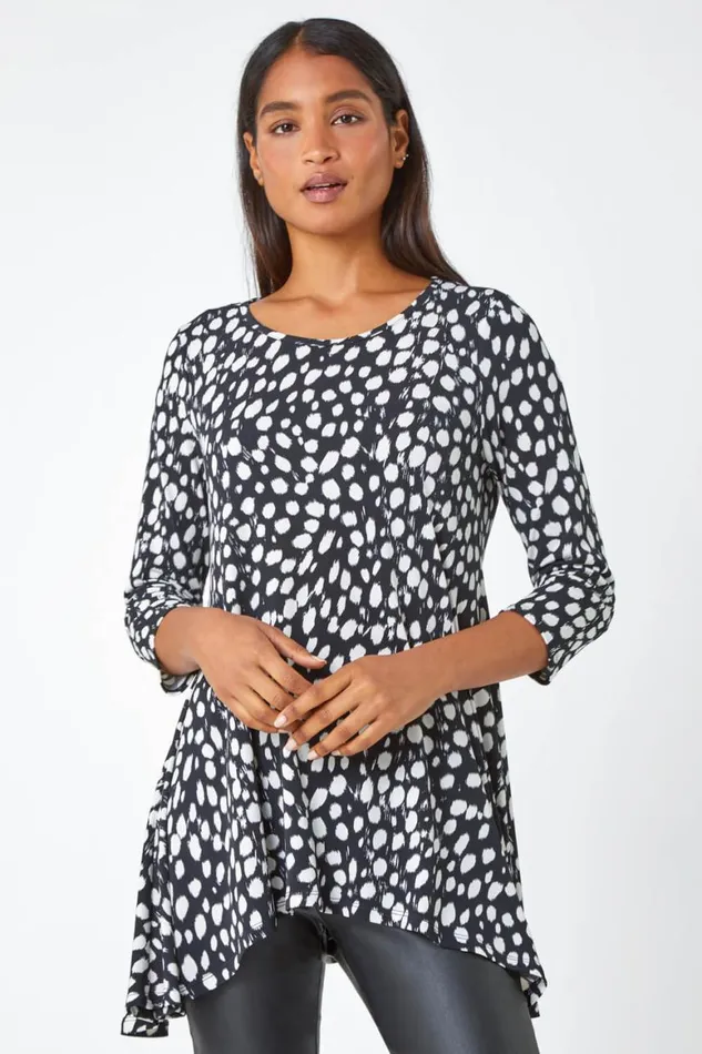 Women Black Spot Print Swing Stretch Top Roman Tops