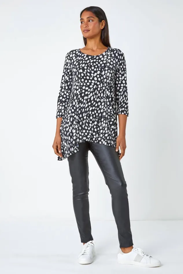 Women Black Spot Print Swing Stretch Top Roman Tops