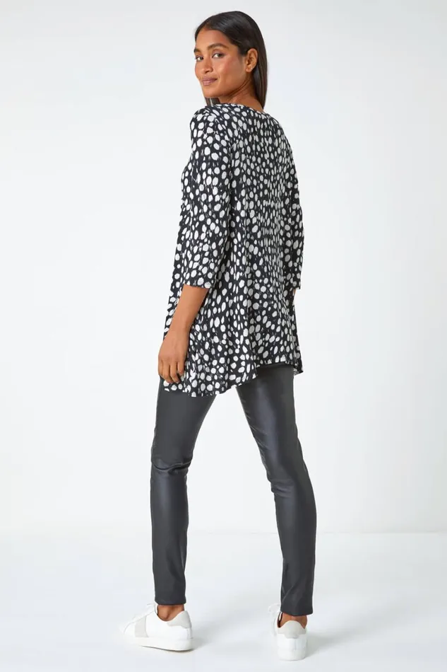 Women Black Spot Print Swing Stretch Top Roman Tops