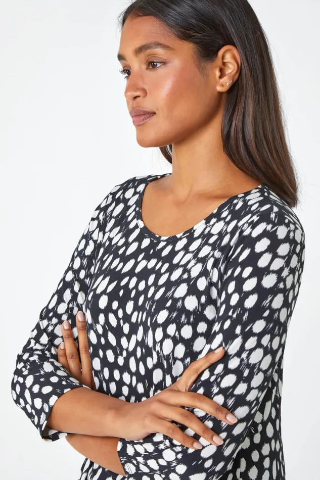Women Black Spot Print Swing Stretch Top Roman Tops