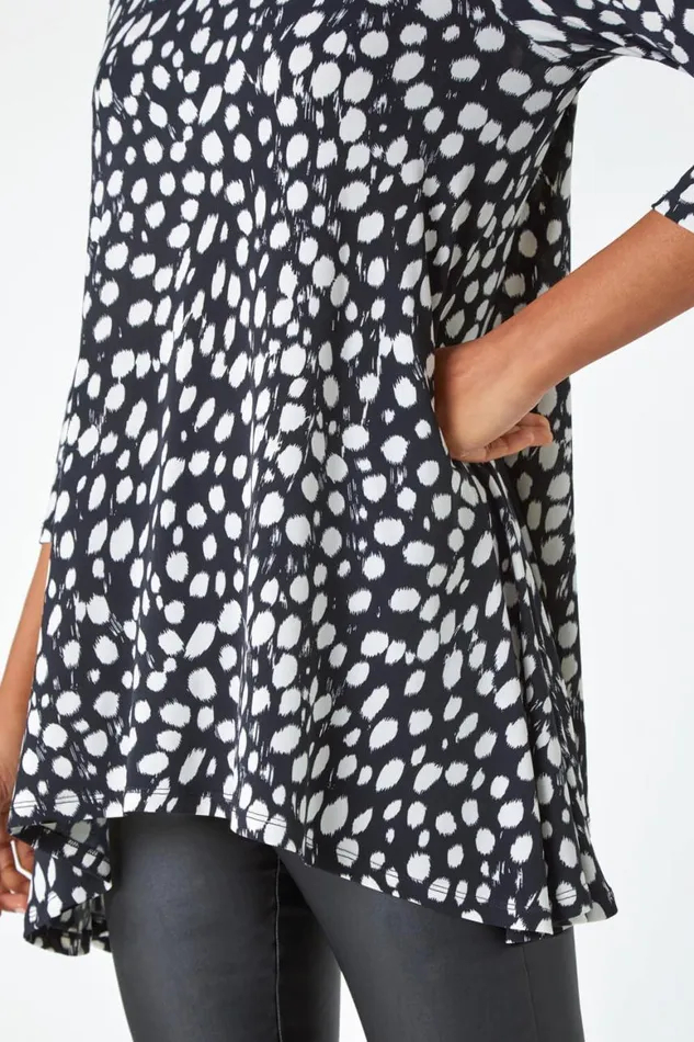 Women Black Spot Print Swing Stretch Top Roman Tops