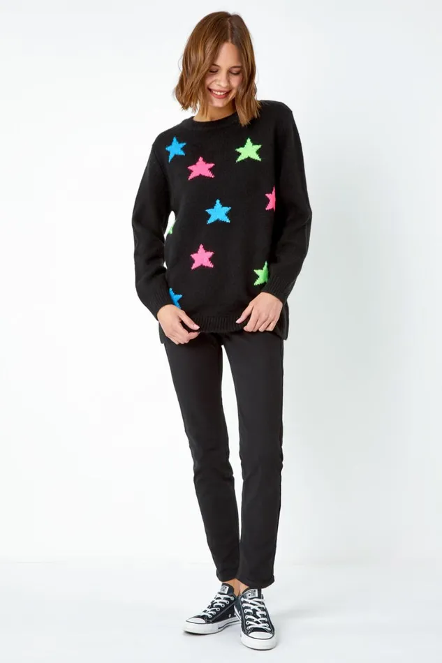 Women Black Star Print Knitted Stretch Jumper Roman Knitwear