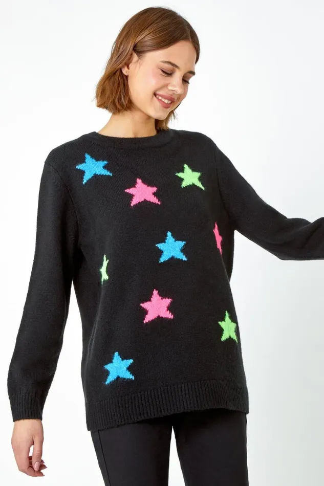 Women Black Star Print Knitted Stretch Jumper Roman Knitwear