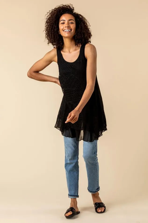 Women Black Stretch Lace Hanky Hem Vest Top Roman Tops