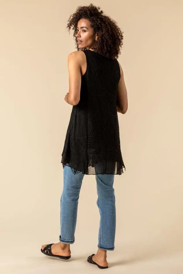 Women Black Stretch Lace Hanky Hem Vest Top Roman Tops
