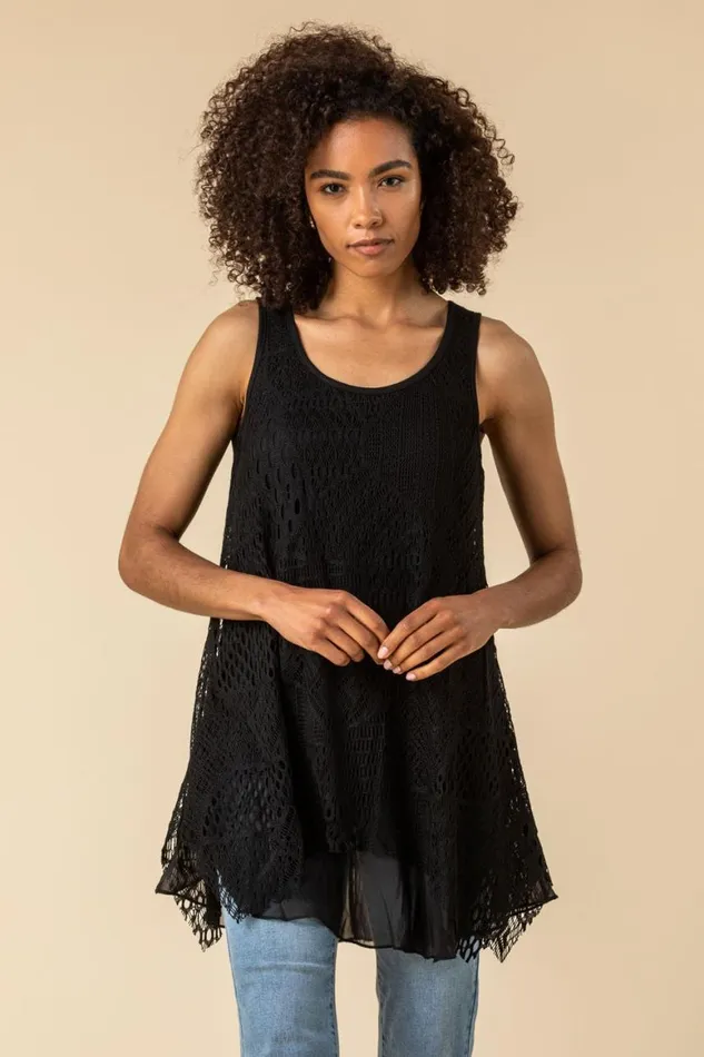 Women Black Stretch Lace Hanky Hem Vest Top Roman Tops