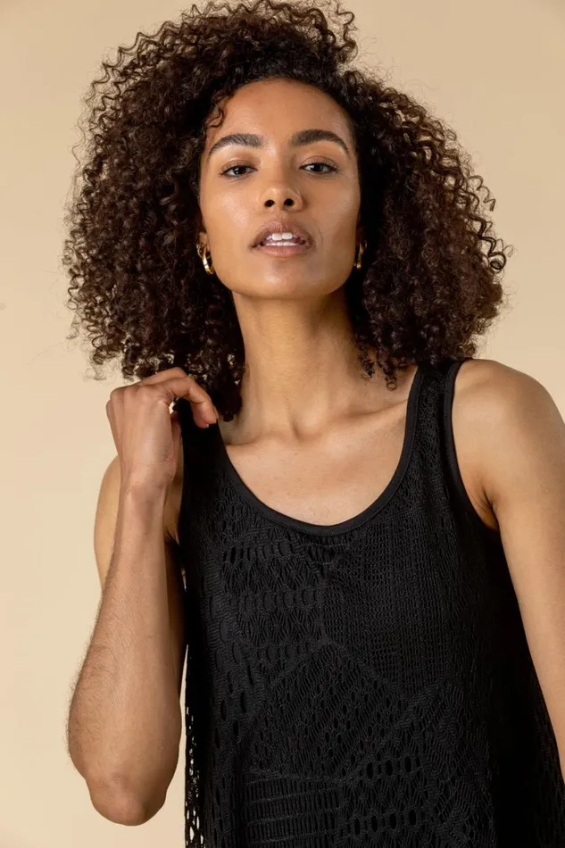 Women Black Stretch Lace Hanky Hem Vest Top Roman Tops