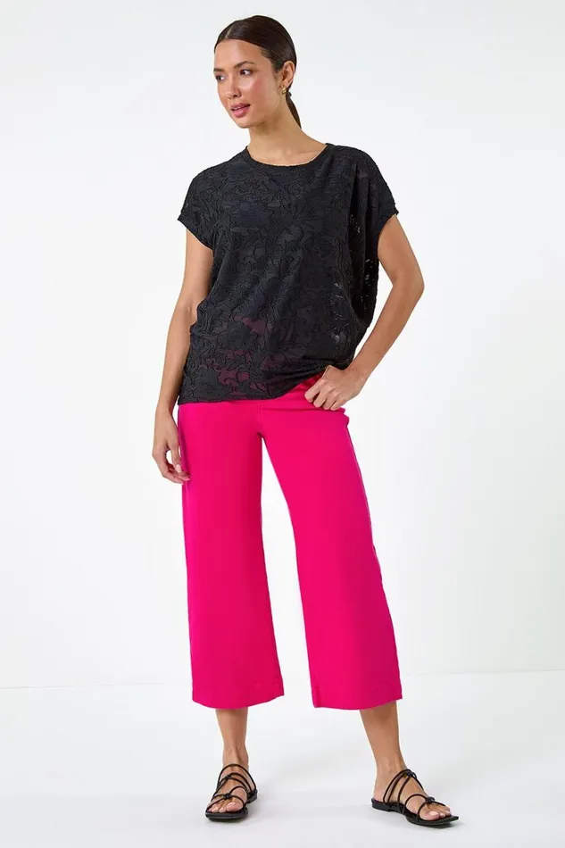 Women Black Textured Floral Stretch Cocoon Top Roman Tops
