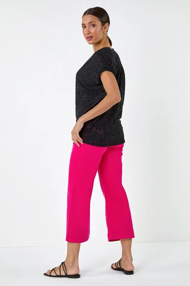 Women Black Textured Floral Stretch Cocoon Top Roman Tops