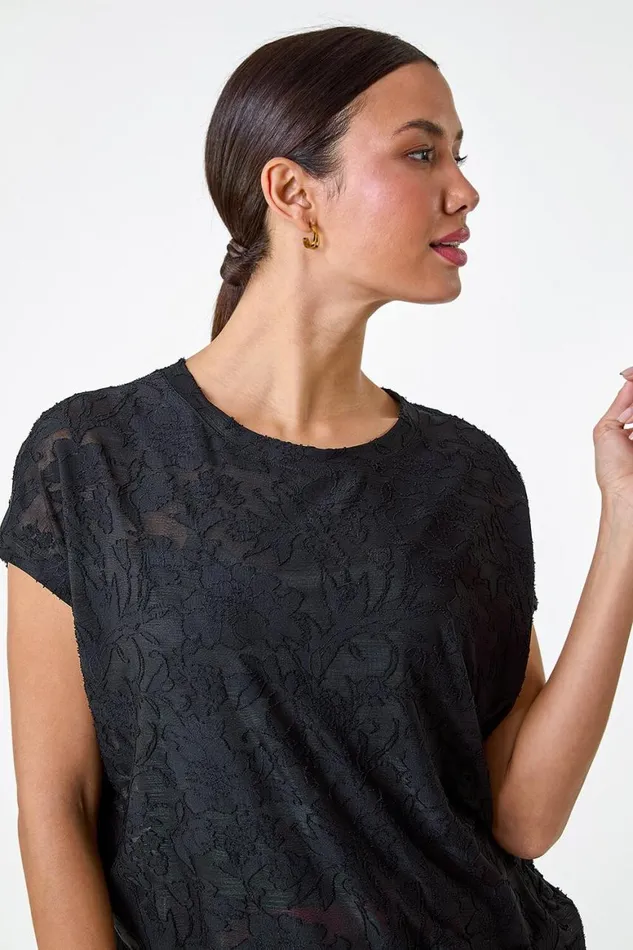 Women Black Textured Floral Stretch Cocoon Top Roman Tops
