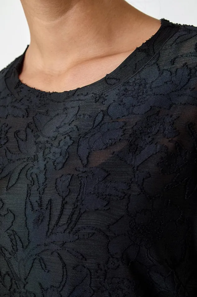 Women Black Textured Floral Stretch Cocoon Top Roman Tops