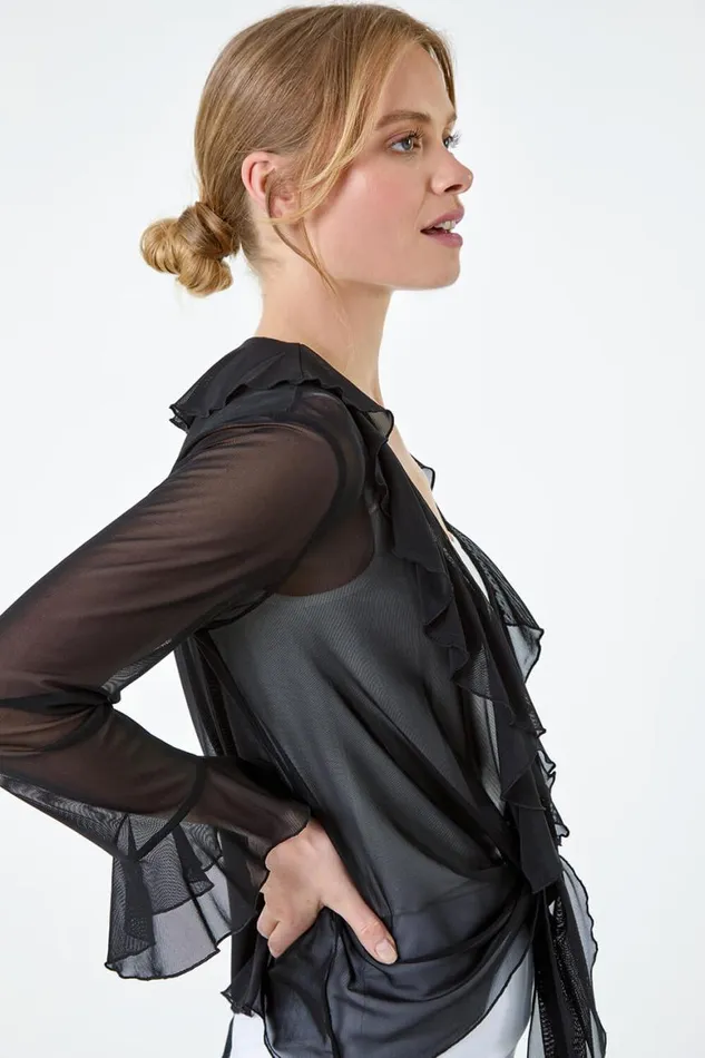 Women Black Tie Frill Detail VNeck Stretch Mesh Top Roman Tops