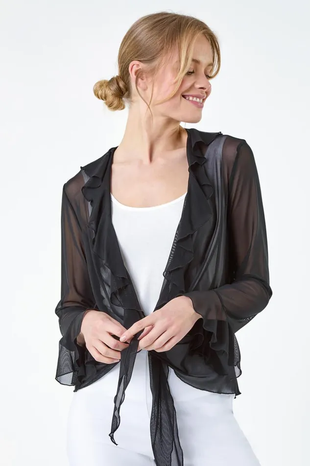 Women Black Tie Frill Detail VNeck Stretch Mesh Top Roman Tops